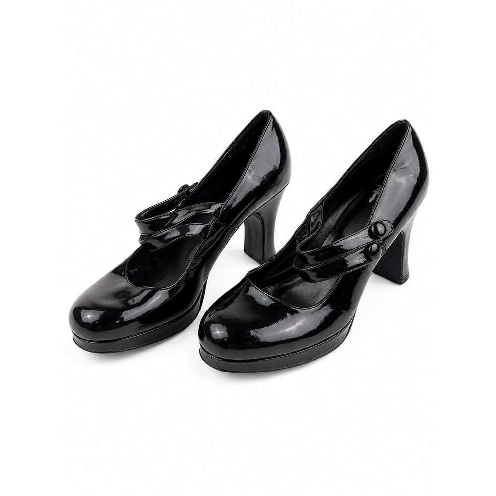 Vintage Y2K Black Patent Leather Mary Jane Platform Chunky Heels Women's Size 10